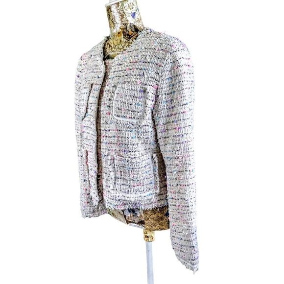 Olivaceous Bumpy Textured Colorful Silver Glittery Frayed Edge Cropped Jacket - Picture 2 of 10